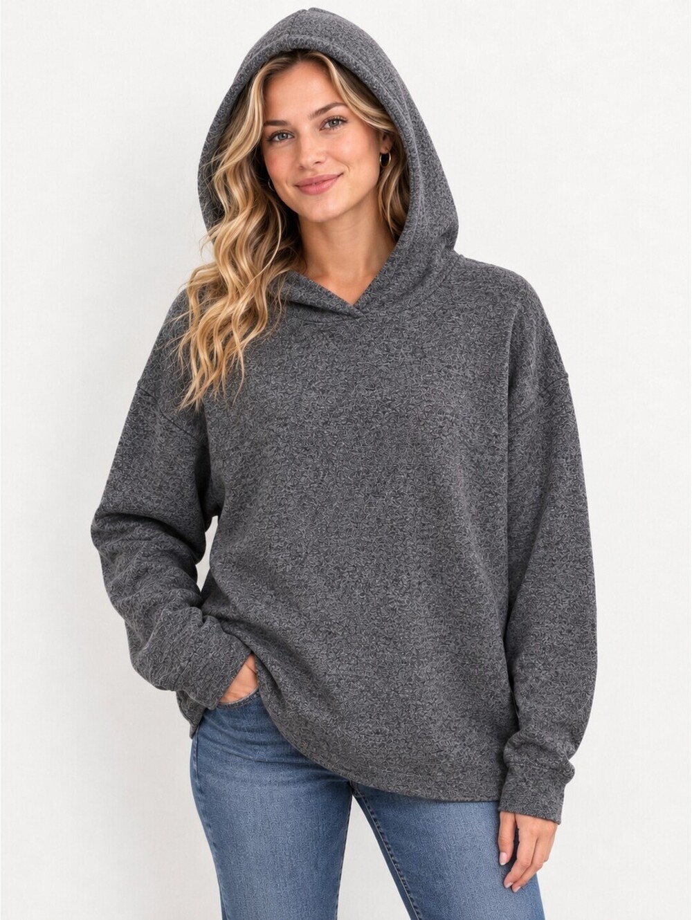 Eileen Fisher Hooded Cotton Knit Sweater Hoodie Petite Lg Marled Gray Athleisure